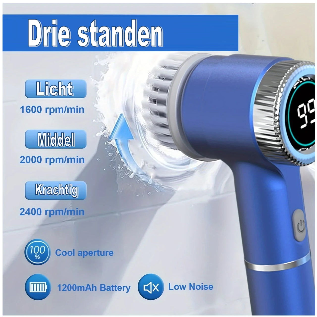 Ariko Elektrische Schoonmaak Borstel - Krachtige 1500Mah Motor - 3 Standen - 5 Verschillende Koppen - Draadloos - Stil - Blauw