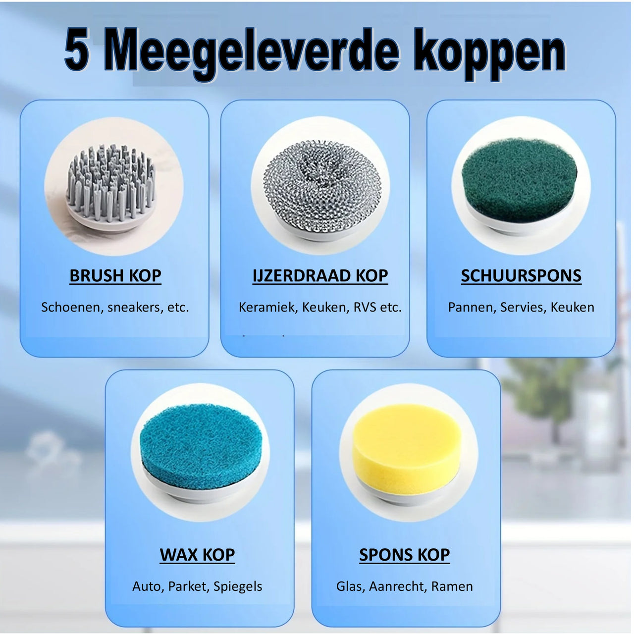 Ariko Elektrische Schoonmaak Borstel - Krachtige 1500Mah Motor - 3 Standen - 5 Verschillende Koppen - Draadloos - Stil - Blauw