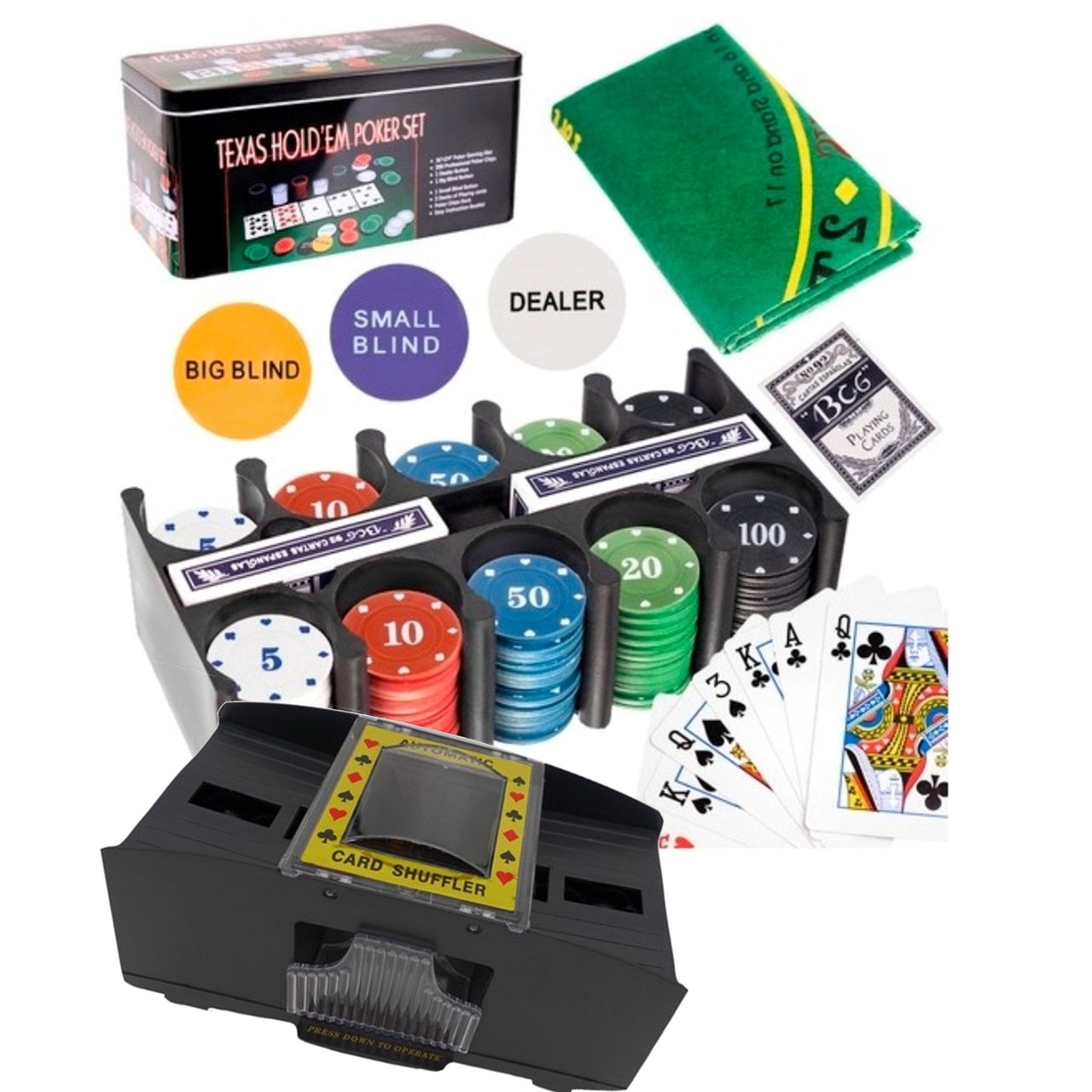 Ariko Pokerset met Kaartschudmachine - 200 Fiches - Groen Pokerdoek - 2 Kaartspelen - [Kaartspel Set]