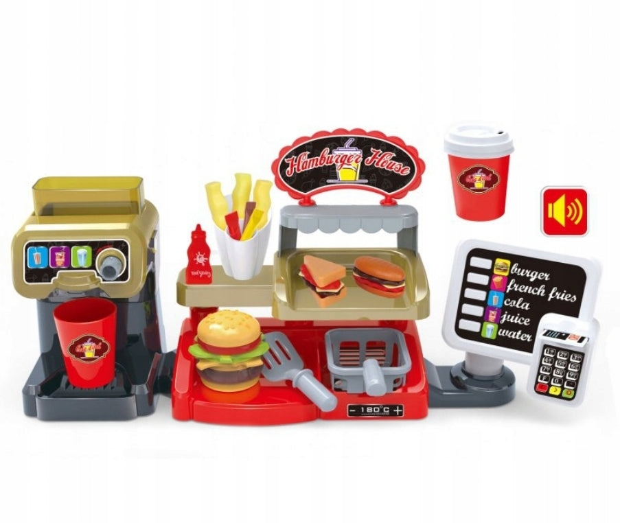 Ariko Hamburger - Fast food - 32 delige - Werkende Drankendispenser - Pinautomaat Met Geluid - Inclusief Batterijen - Rood