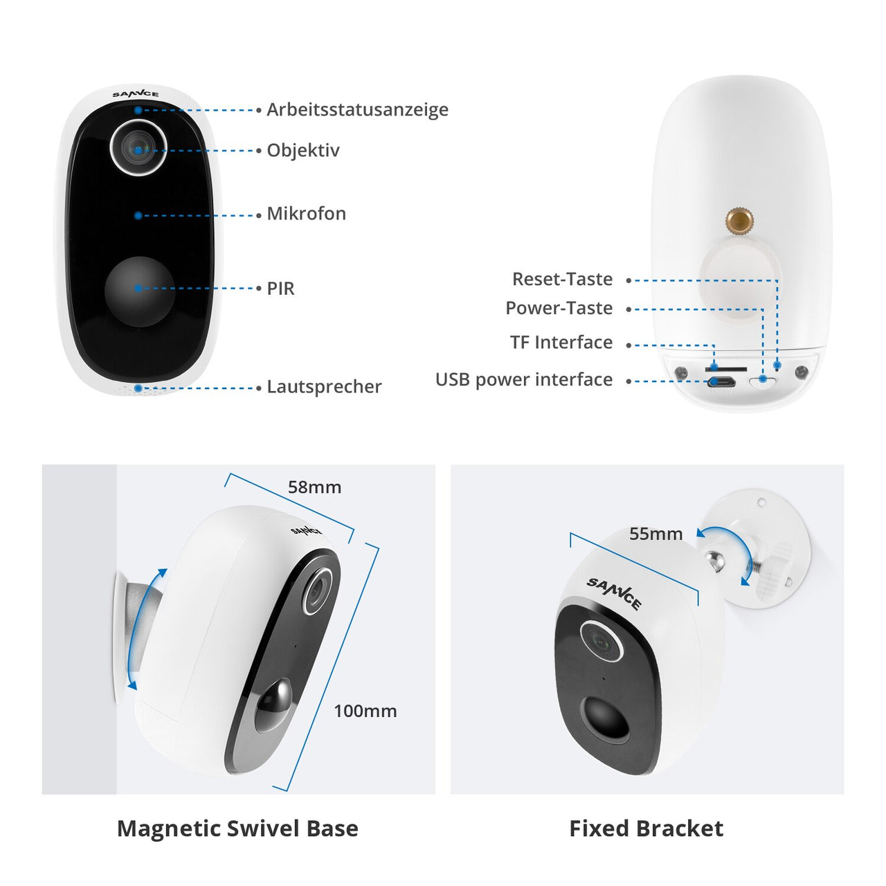 Sannce Slimme WiFi waterbestendige IP-binnen / buitencamera (Full-HD 2mp, SD, IR+2-weg audio), Draadloos met ingebouwde accu, standby voor 5 maanden