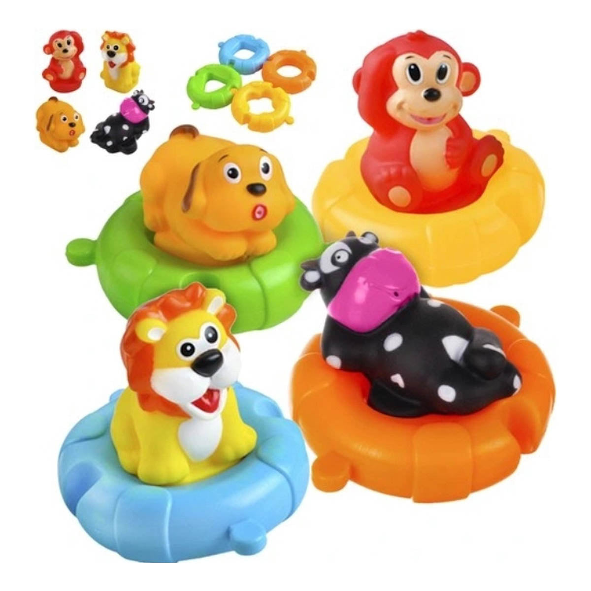 <tc>Ariko</tc> Bath toys, loose animals in life buoy - Rubber duck - lion - cow - monkey - dog